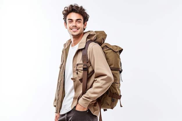 Un hombre que lleva una mochila y una camiseta se para frente a un fondo blanco.