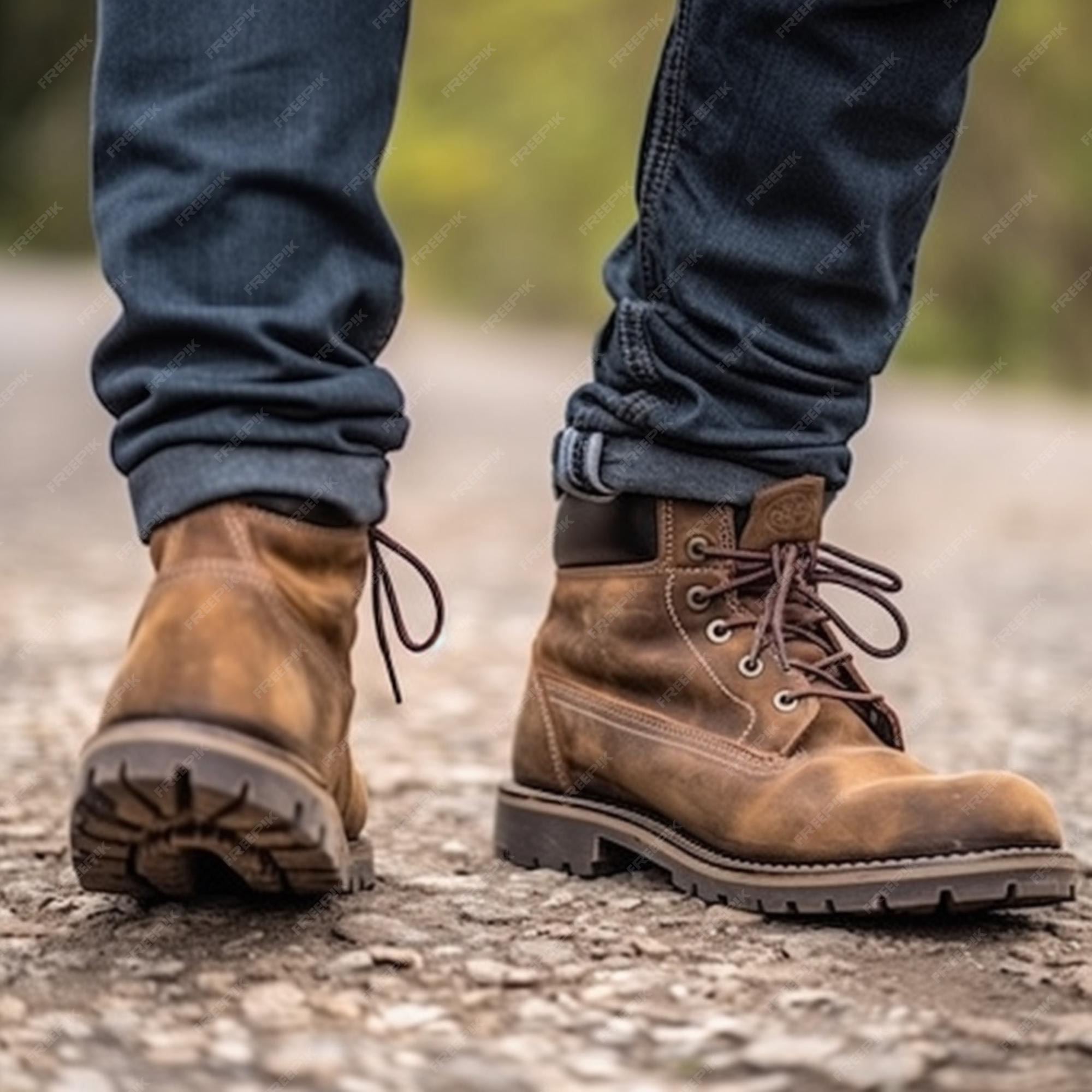 Un hombre que lleva par de botas marrones se encuentra en un camino de grava. | Foto Premium