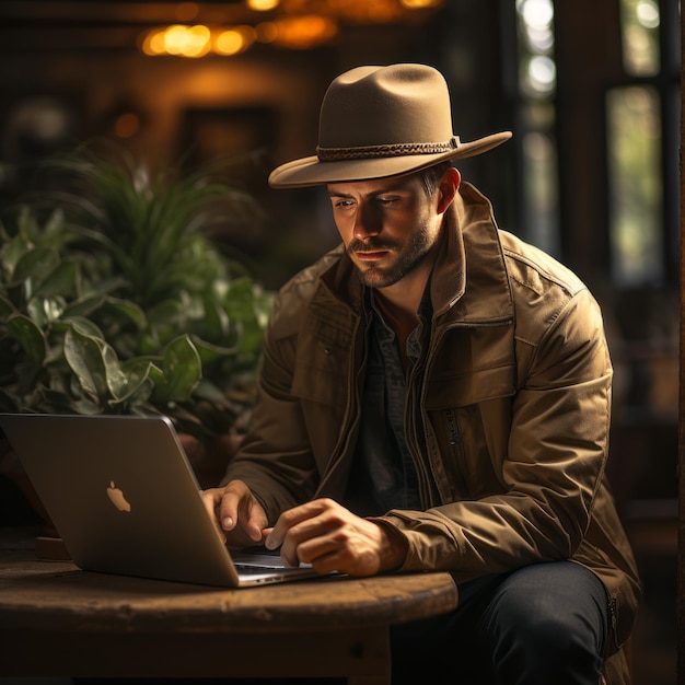 Un hombre que lleva un sombrero de vaquero está usando una computadora portátil y una computadora portátil.