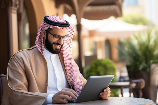 Un hombre que lleva un thobe saudita mientras sostiene una tableta refleja su conocimiento de la tecnología IA generativa