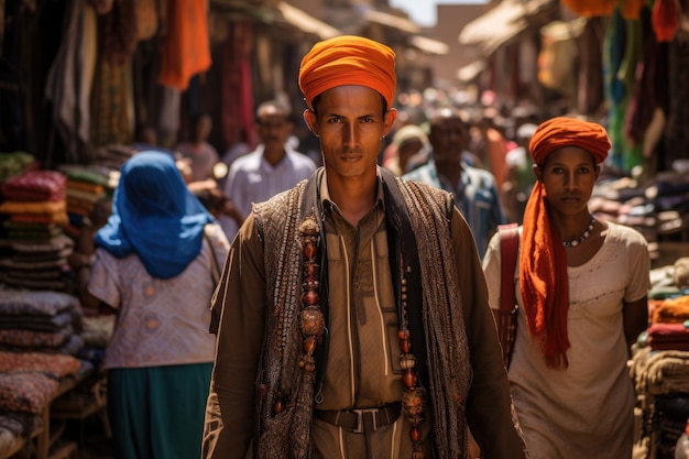 Un hombre que lleva un turbante naranja camina con confianza a través de un bullicioso mercado Ropa étnica en un concurrido mercado generado por AI