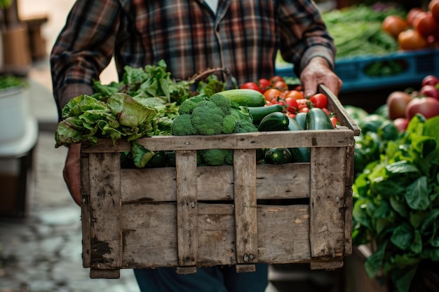 Hombre que llevaba una caja de madera llena de verduras