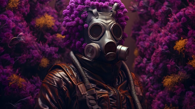 hombre que llevaba una máscara de gas estilo floral rodeado de flores venenosas
