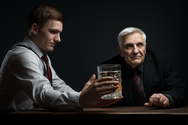 Foto el hombre que se niega a beber vodka genera un vaso