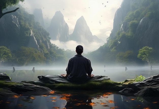 Un hombre que practica la atención plena y la meditación en un entorno natural tranquilo.