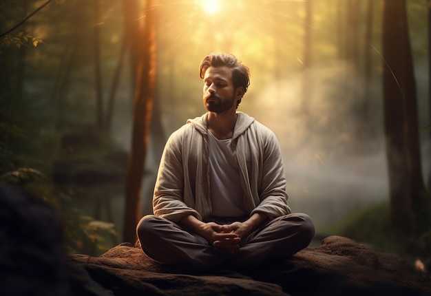 Un hombre que practica la atención plena y la meditación en un entorno natural tranquilo.