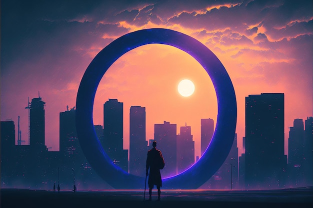 Hombre que se queda cerca del anillo místico gigante Hombre en la ciudad distópica de pie en un edificio mirando los círculos de luz distantes Pintura de ilustración de estilo de arte digital