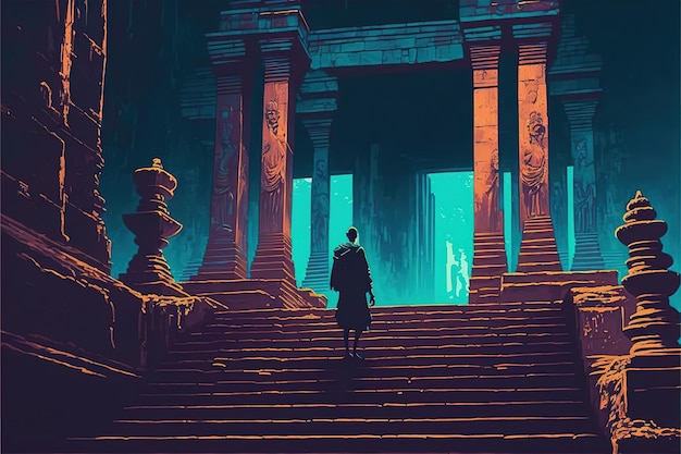 Hombre que se queda cerca del templo antiguo Un hombre sube las escaleras hasta las ruinas del templo abandonado Pintura de ilustración de estilo de arte digital