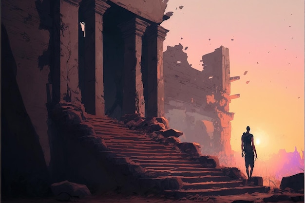 Hombre que se queda cerca del templo antiguo Un hombre sube las escaleras hasta las ruinas del templo abandonado Pintura de ilustración de estilo de arte digital