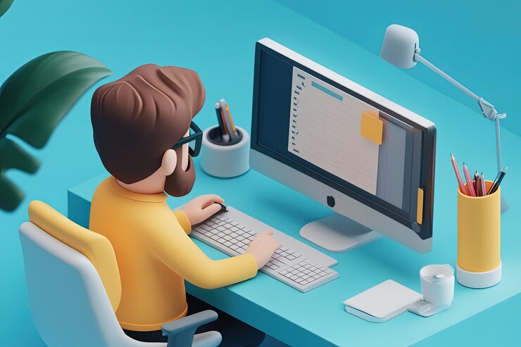 Foto un, hombre que sienta, en, un, escritorio, utilizar, un, computadora
