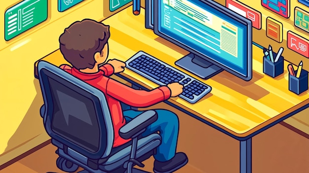 un, hombre que sienta, en, un, escritorio, utilizar, un, computadora