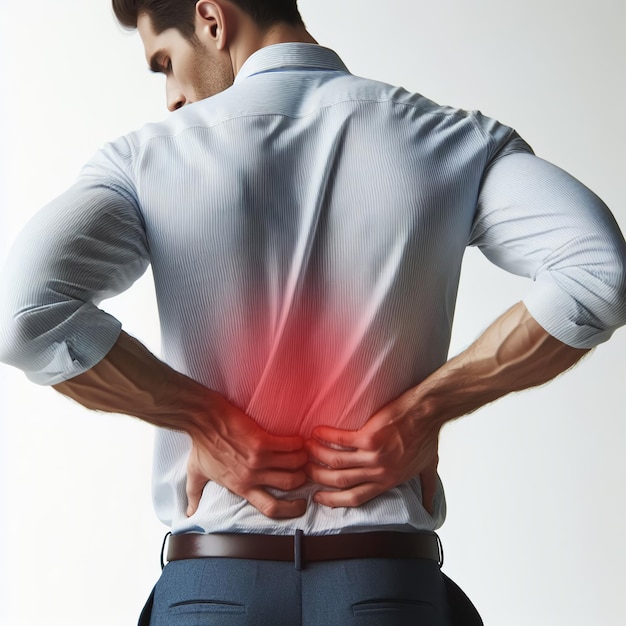 Foto un hombre que siente dolor en la espalda