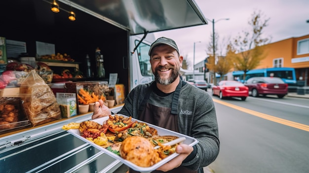 Un hombre que sostiene una bandeja de comida del camión de comida.