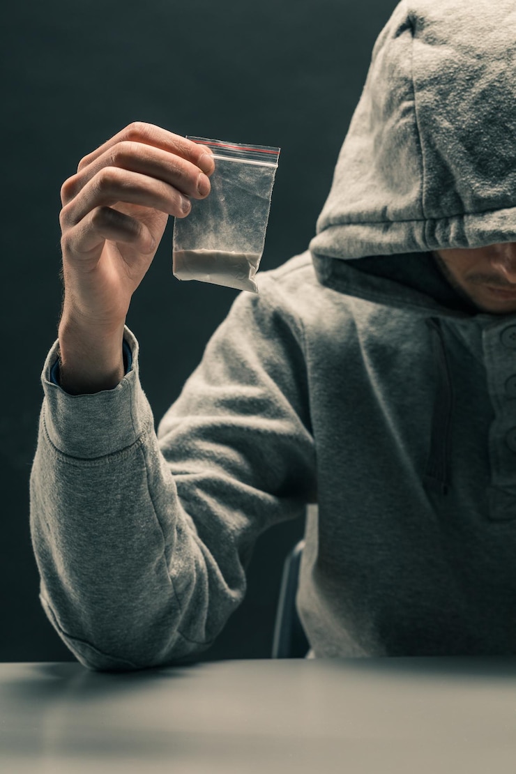 Foto hombre que sostiene una bolsa con cierre de cremallera de plástico transparente con drogas concepto criminal con drogas
