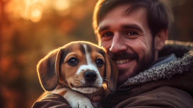 Un hombre que sostiene un cachorro beagle en sus brazos.