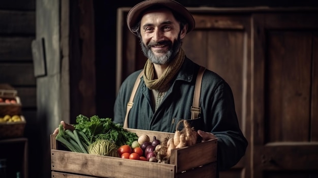 Un hombre que sostiene una caja de madera de verduras IA generativa