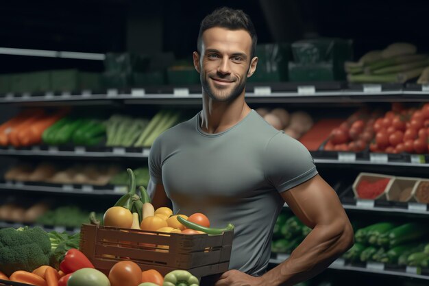 Un hombre que sostiene una cesta de fruta fresca en una tienda de comestibles.