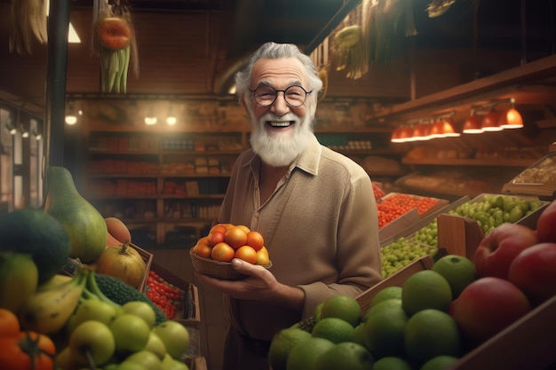 Un hombre que sostiene una cesta de verduras en una tienda de comestibles.