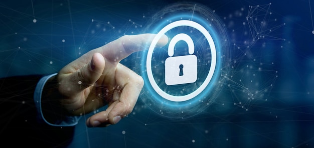 Hombre que sostiene un concepto de seguridad web candado 3D rendering