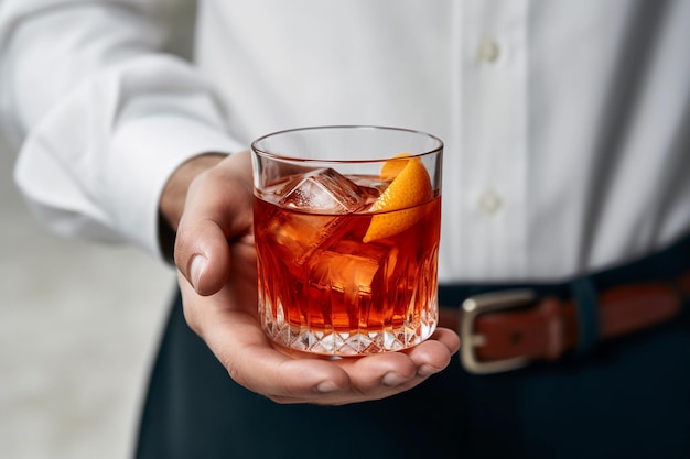 Un hombre que sostiene una copa de cóctel Negroni Sbagliato con una bebida roja