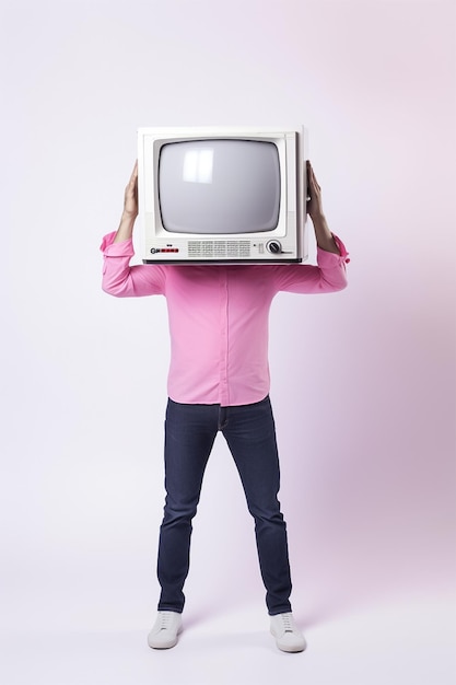 Hombre que sostiene el frente de la cabeza de la televisión vintage en el ai generativo de fondo transparente blanco
