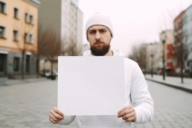 Hombre que sostiene un libro blanco en blanco frente a un edificio