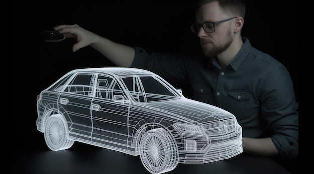 Foto un hombre que sostiene un modelo animado de un automóvil al estilo de la ia generativa holográfica aig21