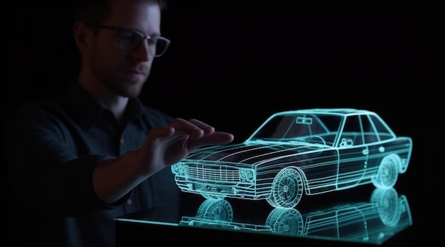 Foto un hombre que sostiene un modelo animado de un automóvil al estilo de la ia generativa holográfica aig21