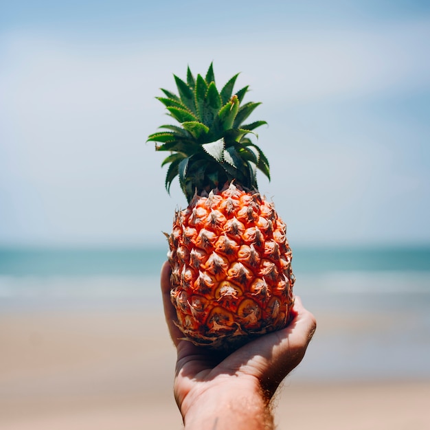 Hombre que sostiene una piña en la playa