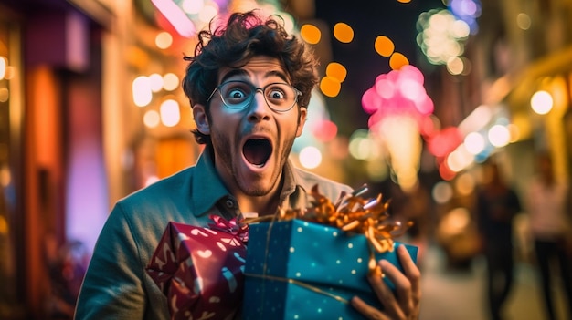 Un hombre que sostiene un regalo frente a un letrero de neón que dice "feliz cumpleaños"