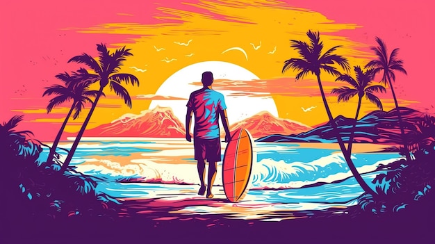 Un hombre que sostiene una tabla de surf en una playa Arte generativo con IA