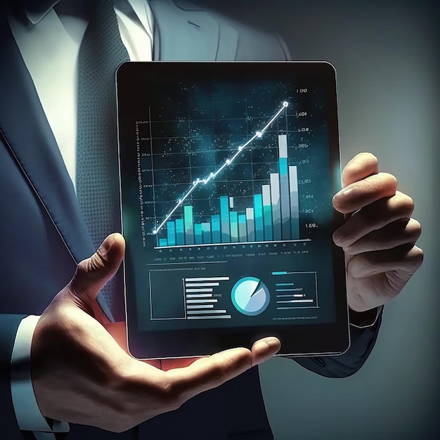 Un hombre que sostiene una tableta con un gráfico.