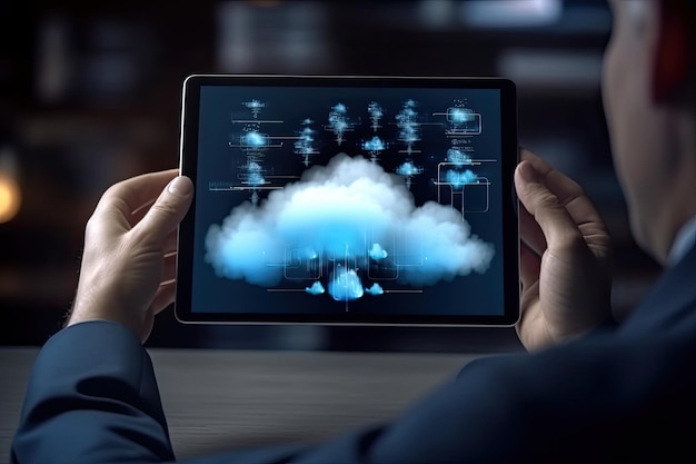 Un hombre que sostiene una tableta con una nube para el concepto de computación en la nube