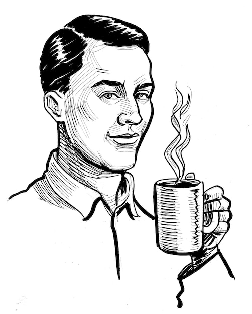 Un hombre que sostiene una taza de café con la palabra café.