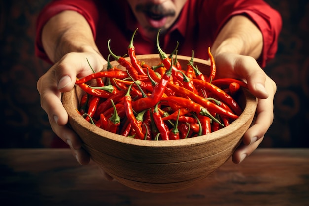 un hombre que sostiene un tazón de pimientos rojos ai generativa