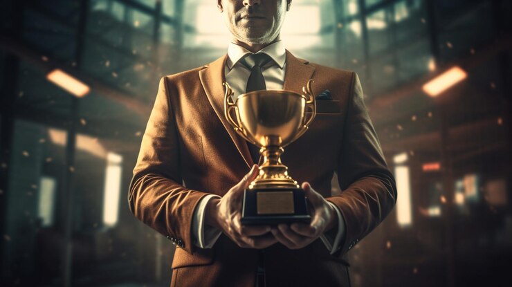 Hombre que sostiene un trofeo en un cuarto oscuro generativo ai