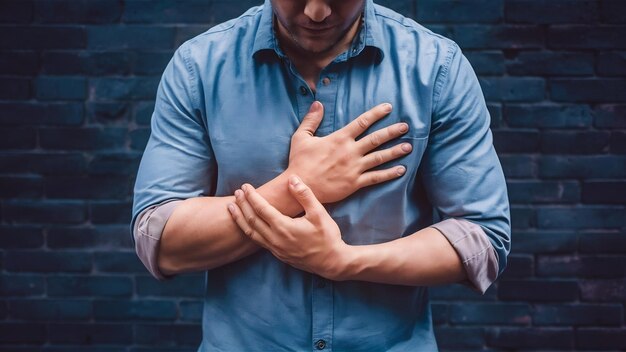 Foto hombre que sufre de dolor articular, dolor óseo en el brazo, artritis, gota, síntomas reumatoides, enfermedad radiactiva.