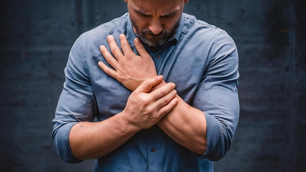 Foto hombre que sufre de dolor articular, dolor óseo en el brazo, artritis, gota, síntomas reumatoides, enfermedad radiactiva.