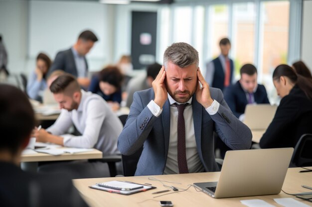 Hombre que sufre de dolor de cabeza en la oficina debido a los plazos inminentes tensión laboral estrés durante las tareas profesionales