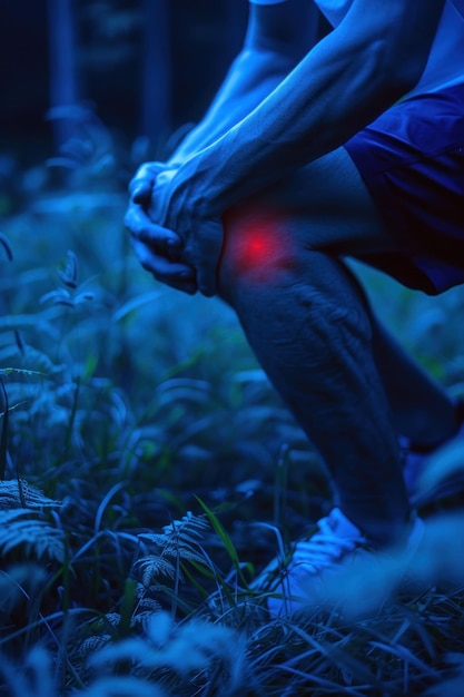 Foto hombre que sufre de dolor de rodilla mientras corre en el bosque por la noche