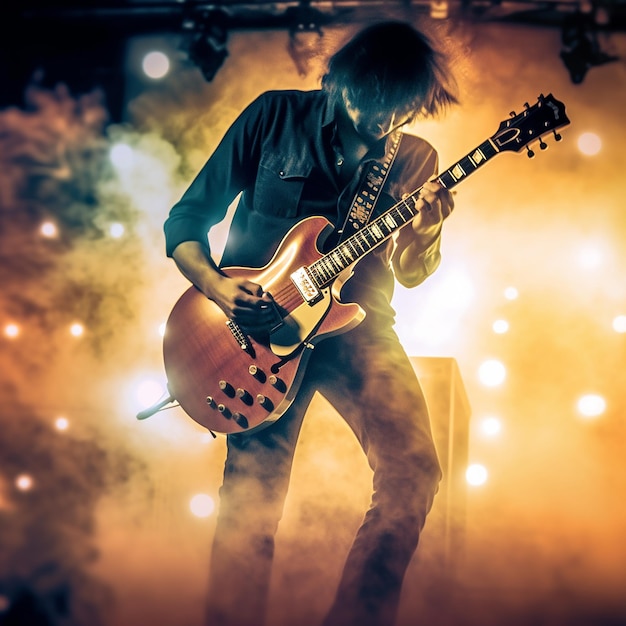 Un hombre que toca una guitarra toca una guitarra frente a un escenario iluminado por luces naranjas.