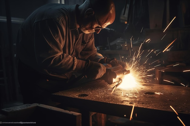 Un hombre que trabaja en una empresa en una máquina de soldar chispas voladoras y fuego Generativo ai