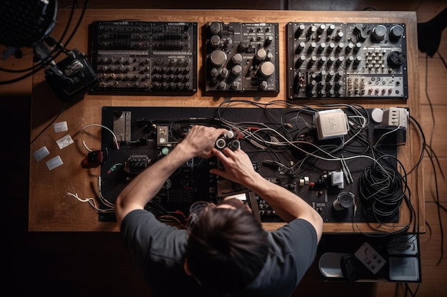 Un hombre que trabaja en el equipo de un dj.