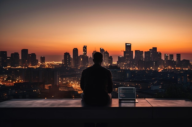 Un hombre que trabaja de forma remota con una impresionante vista panorámica de la ciudad nocturna después de la puesta del sol generativa ai