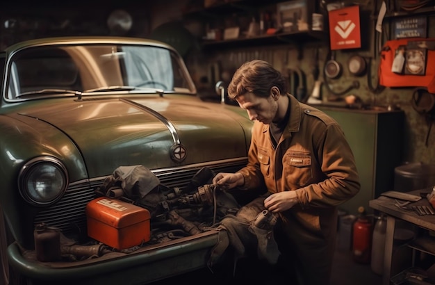 Un hombre que trabaja en un garaje con un coche al fondo.