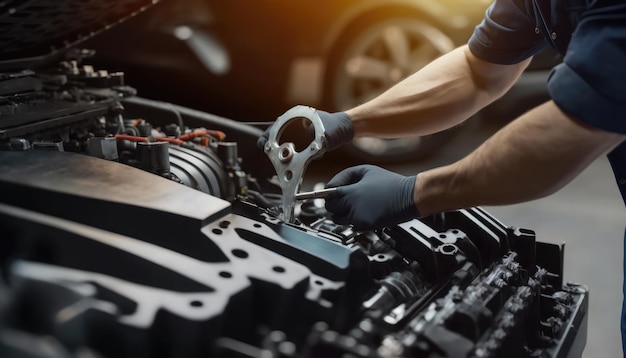 Un hombre que trabaja en un motor de automóvil con una llave.