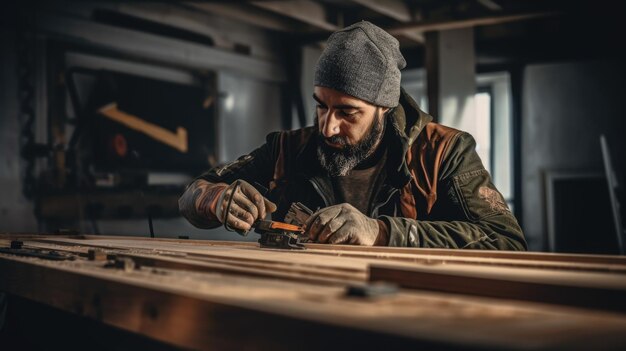 El hombre que trabaja con tablones de madera en un taller con determinación IA generativa AIG21