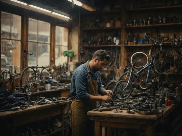 un hombre que trabaja en una tienda de bicicletas con muchas herramientas sobre la mesa