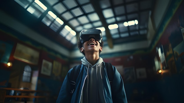 Hombre que usa auriculares VR en la escuela secundaria de estudiantes futuristas que miran emocionados