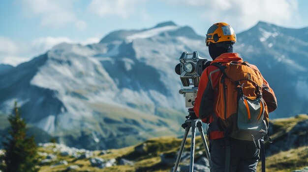 Un hombre que usa una cámara para medir la altura de las montañas lleva un sombrero amarillo